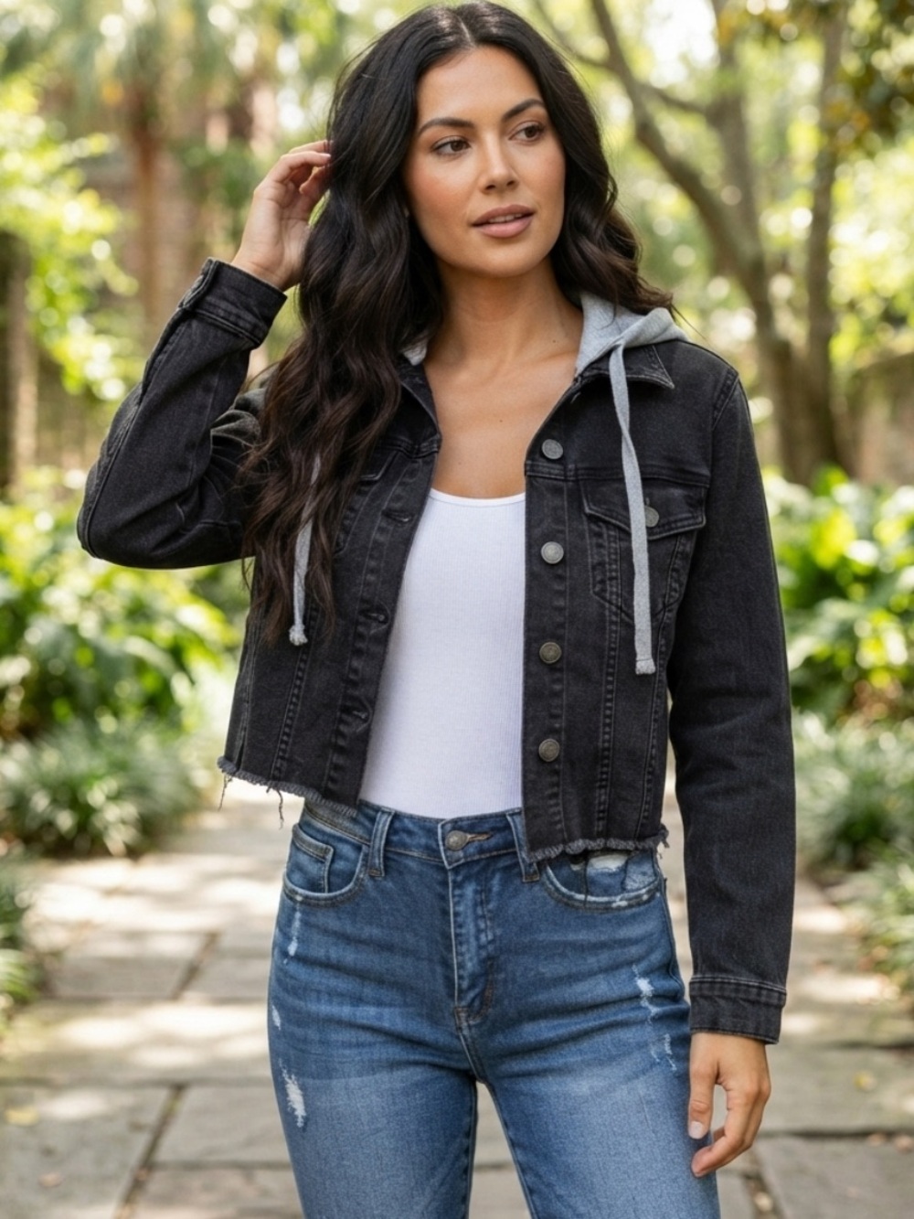 💕Risen Washed Black Raw Hem Vintage Hoodie Denim Jacket